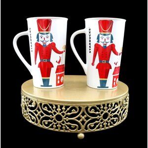 Starbucks Nutcracker Ceramic Holiday Mugs Set Of 2 12oz White & Red Christmas Co